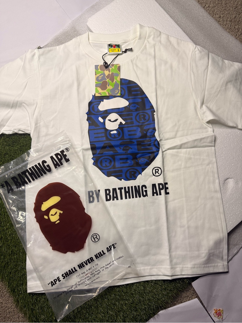 Bape White Short Sleeve Tee with Blue Ape Head Graphic